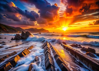 Wall Mural - Dramatic Silhouette Sunset at Barrika Beach, Basque Country, Spain - Powerful Waves Crashing Flysch Cliffs