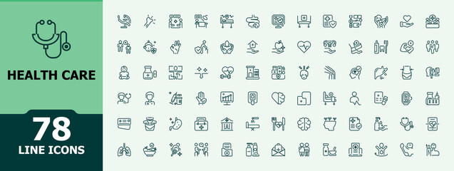 Health care linear icon collection. Containing check, stethoscope, app, clinic, vaccination, medicine, healthcare and more. Thin minimalist outline icons pack. Vector illustration.