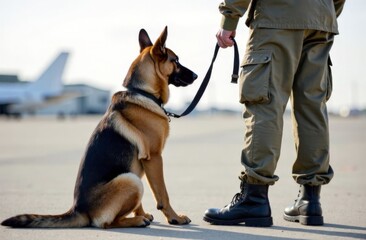 Police dog with policemen on city street