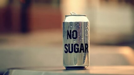 Poster - Cold aluminum can with condensation and no sugar label promoting a sugar free, low sugar lifestyle, emphasizing the dangers of excessive sugar consumption and encouraging healthier choices
