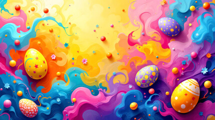 Wall Mural - Vibrant Easter Egg Celebration: Colorful Painted Eggs and Flowing Abstract Background