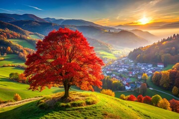 Wall Mural - Drone View: Solitary Red Tree on Hilltop Overlooking Charming Village Valley