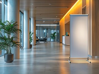 A mockup featuring a roll-up standee banner in an office hall, illustrating how corporate advertising can blend into professional environments.