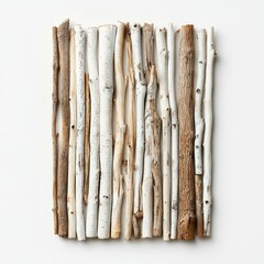 Wall Mural - A collection of numerous sticks is neatly arranged on a clean white surface, showcasing their natural textures and forms in a minimalist setting.