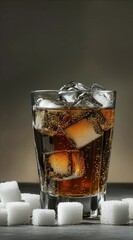 Poster - Iced carbonated beverage resting on a table with sugar cubes, highlighting high sugar content and raising awareness of sugar reduction and healthier alternatives