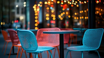 Empty cafe chairs and table at night city lights