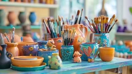 Wall Mural - A colorful pottery painting station with brushes, paints, and small clay figures