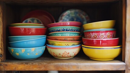 Wall Mural - A colorful stack of bowls and plates displayed in a kitchen cabinet