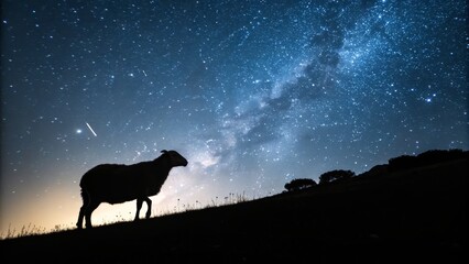 Silhouette Sheep under Milky Way, Long Exposure Nightscape, Starry Night Photography, Sheep Silhouette, Night Sky Astrophotography Astrophotography, Night Photography