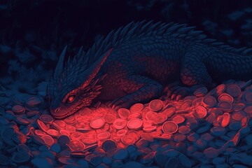 Poster - A tiny cartoon dragon curled up on a glowing pile of treasure.