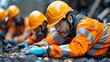 © COK House - Workers in helmets and overalls on a construction site. Suitable for illustrating construction projects, industrial safety and professional services.