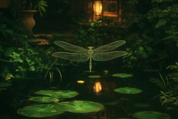 Poster - A whimsical dragonfly with sparkling, translucent wings flying over a pond
