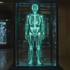 Poster - Holographic human body used for surgical practice at medical innovation center digital display futuristic environment educational concept