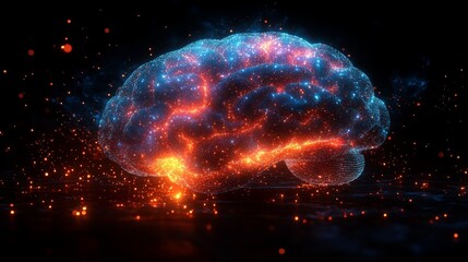 Poster - A glowing pulsating brain representing thoughts illuminated in a dark abstract background