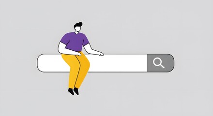 inimalist flat design character sitting on search bar representing digital search technology and user friendly online browsing concept