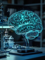 Poster - Analyzing a holographic brain model for neuro studies laboratory scientific image research environment close-up view technology concept