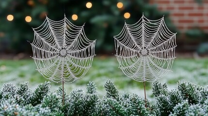 A natural macro shot of a dew-covered spider web, its intricate texture contrasting with the surrounding greenery, capturing the delicate balance of nature in its environment.