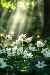 Wall Mural - Sunlight filters through trees illuminating blooming white flowers in a tranquil forest setting