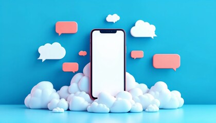 Smartphone, speech bubbles, modern tech, vibrant colors, social media concept, cloud icon, copy space, 3D render