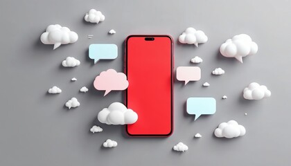 Smartphone, speech bubbles, modern tech, vibrant colors, social media concept, cloud icon, copy space, 3D render