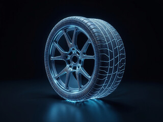 sports car tyre with alloy wheels in blue digital wireframes