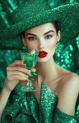 Wall Mural - an elegant woman with red lips, green nails, and wearing an emerald, sparkling dress, holding a glass filled with emeralds in the shape of cocktail glasses.