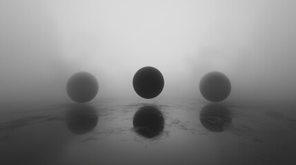 Wall Mural - Three black spheres floating in the air in a foggy atmosphere