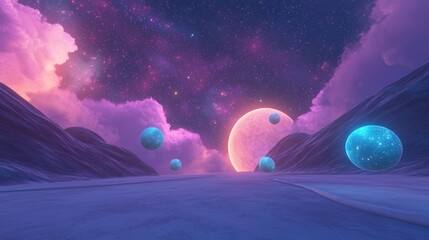 Wall Mural - a space scene with a pink moon and four blue spheres