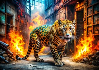 Wall Mural - Fiery Jaguar Abstract Urban Exploration: Grungy Industrial Graffiti Art