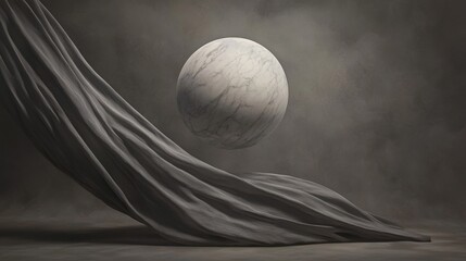 Wall Mural - a white marble ball is floating in the air above a long piece of fabric