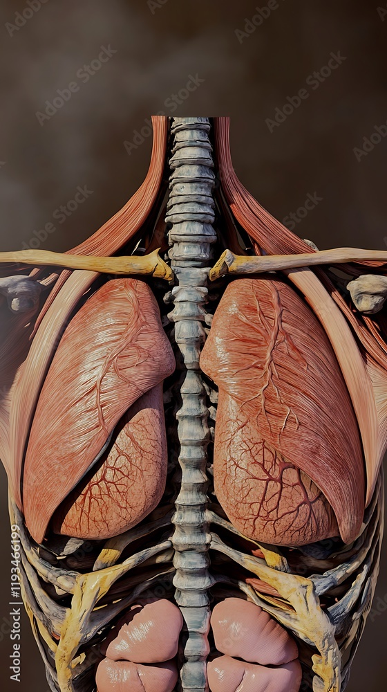 Precise anatomical image of the human chest with ribs, intercostal ...