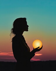 Wall Mural - woman holding sphere against beautiful sunset sky with vibrant colors and silhouette effect, empower