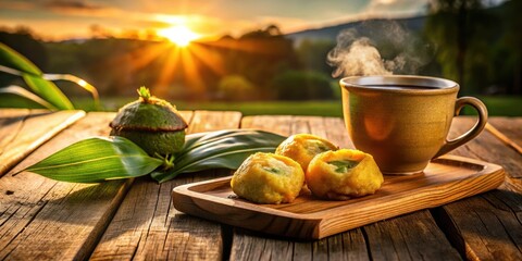 A cup of steaming tea with a sweet treat on a rustic wooden table, bathed in the warm glow of a setting sun.