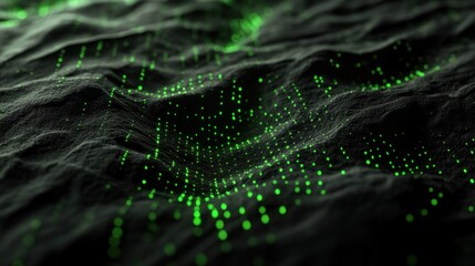 Poster - Abstract Green Digital Landscape: Glowing Particles on Dark Surface