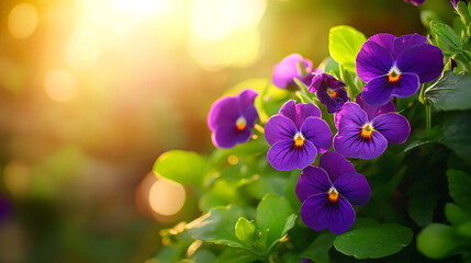 Wall Mural - Beautiful purple pansies blossoming in garden during sunset, creating a lovely summer banner with copy space.