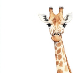 Poster - Giraffe portrait with soft features against a simple white background showcasing gentle expression and distinctive markings. Generative AI