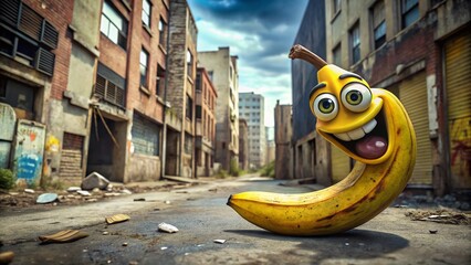 Canvas Print - Funny Banana Character Urban Exploration Gary Background Stock Photo