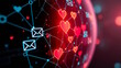 © DALITALI  - Digital Love message, glowing digital envelope with hearts on dark futuristic background, Valentine's day concept.
