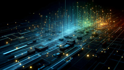 Poster - Futuristic digital art showcasing a linear arrangement of game pieces illuminated with glowing blue and green hues. The black background accentuates the soft auras around each piece with scattered.