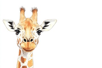 Poster - Illustration of a smiling giraffe with detailed features and soft colors in a serene, white background environment. Generative AI