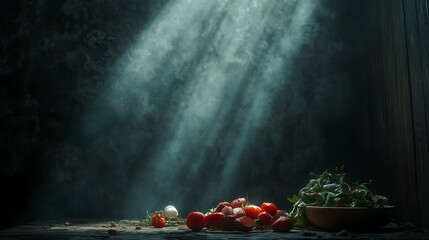 Wall Mural - Rustic Still Life Featuring Tomatoes Herbs and Garlic