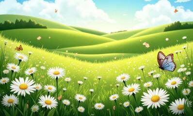 Canvas Print - Vibrant meadow with butterflies and daisies