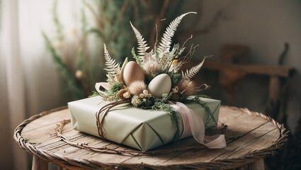 Wall Mural - Easter gift box decorated with flowers and eggs on a rustic table
