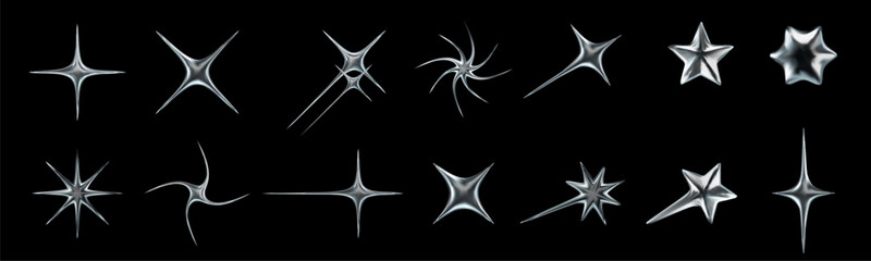 Liquid chrome star icons. Shiny starburst shapes, metallic Y2K spark, retro futuristic glossy 3D stars with liquid metal effect isolated vector elements set.