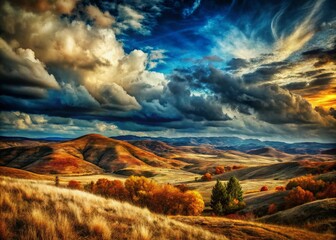 Wall Mural - Grunge Brushed Landscape:  Dramatic Sky, Textured Hills, Abstract Nature Photography