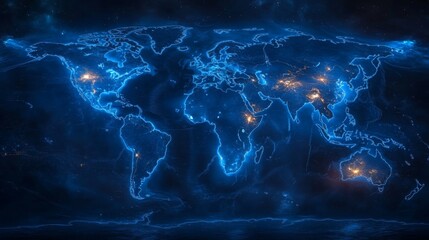 Poster - A glowing world map highlighting key regions and cities in vibrant blue light at night