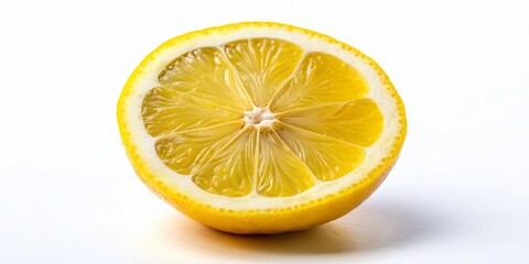 Wall Mural - Half Lemon Slice, Juicy Citrus Fruit, Yellow, 45 Degree Angle, White Background Stock Photo