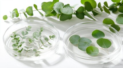 Wall Mural - Fresh Eucalyptus Leaves in Petri Dishes Isolated on White Surface