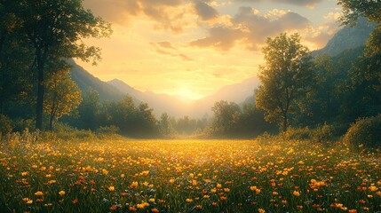 Canvas Print - Golden hour sunset over a vibrant wildflower meadow in a mountain valley.