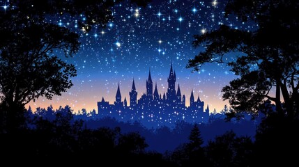 Wall Mural - Magical night sky with stars over a mystical castle silhouette